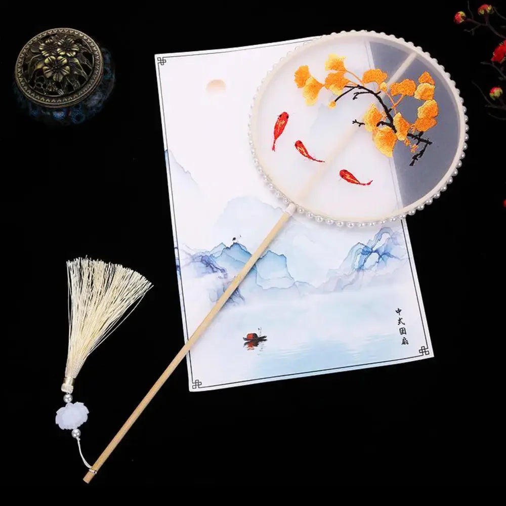 China Fan Wholesale Semi-Transparent Long Handle Tassel Dance Fan Female Costume Hanfu Cheongsam Embroidery Small Round Fan Oasis Select 02