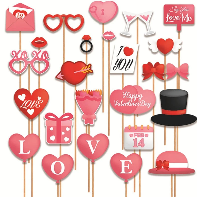 25 Piece Valentine's Day Photo Booth Props Decor Valentines Day Decorations Pink Oasis Select Pink NONE