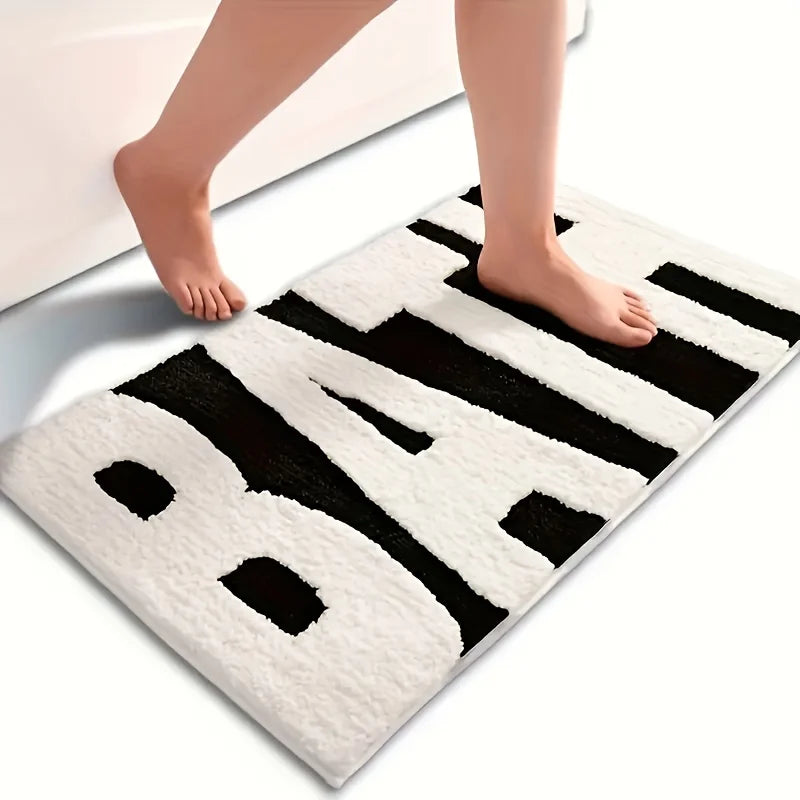 1pc "BATH" Design Non-Slip Bath Mat, Ultra Absorbent Polyester Bathroom Rug, Black and White Textured Entryway Carpet Oasis Select
