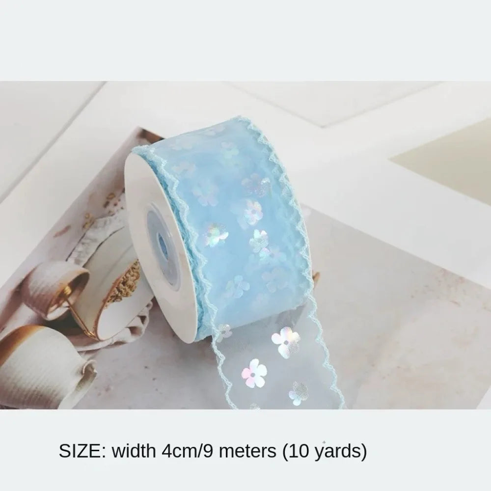 New 10 Yards Silk Ribbon Gift Wrapping Bouquets 4cm Gifts Packaging Material Wave Edge Pleated Chiffon Ribbon Oasis Select Blue L