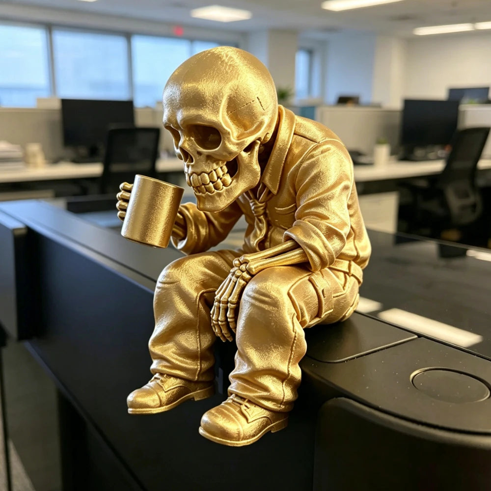 Gothic Eerie Office Worker Skeleton Miniature Figurine Seated Coffee Drinking Skull Desk Ornaments Humor Home Office Decor Gifts Oasis Select