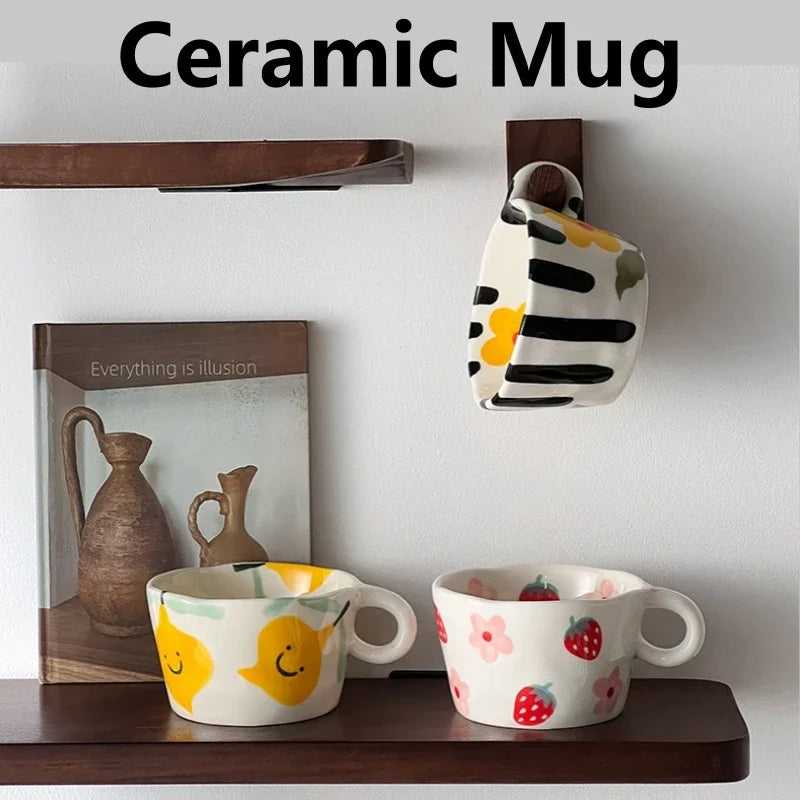 300ML Ceramic Mugs Hand Pinched Irregular Mug Hand-painted Strawberry Flower Coffee Cup Breakfast Milk Afternoon Tea Cup Gift Oasis Select