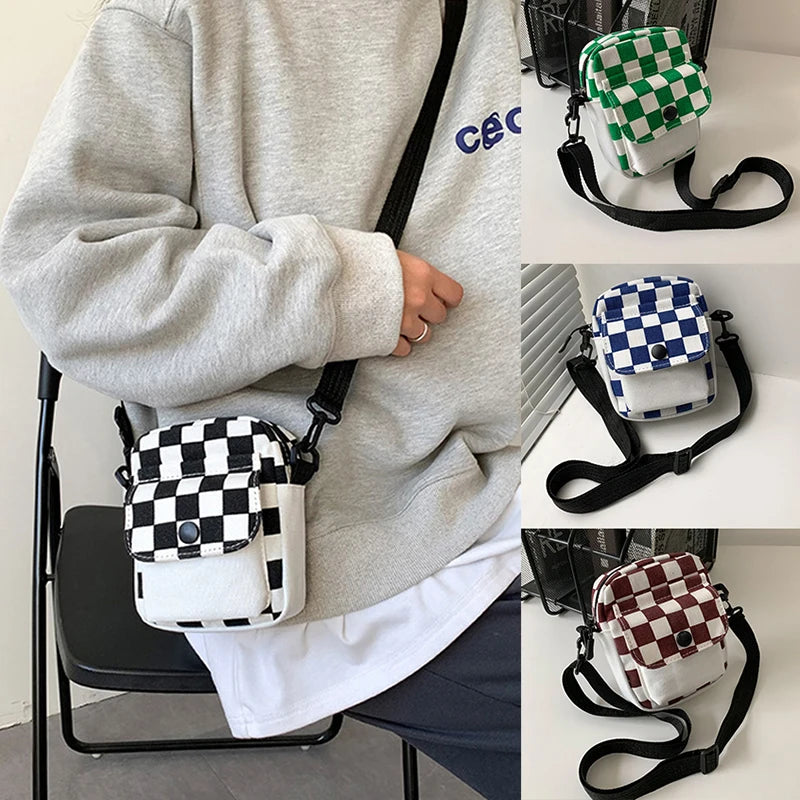 Men Sports Messenger Bag Adjustable Strap Daily Commute Travel Essential Mini Checkered Square Design With Front Fashion Pocket Oasis Select
