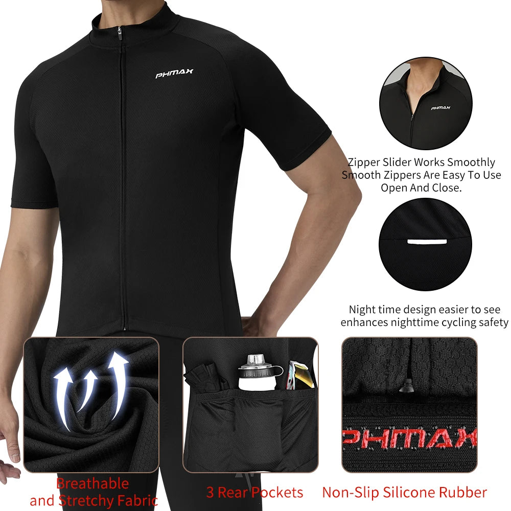 PHMAX Cycling Jersey Black Breathable Cycling Racing Tops Summer Sun Protection Short Sleeve MTB Road Cycling Sports Shirt Oasis Select