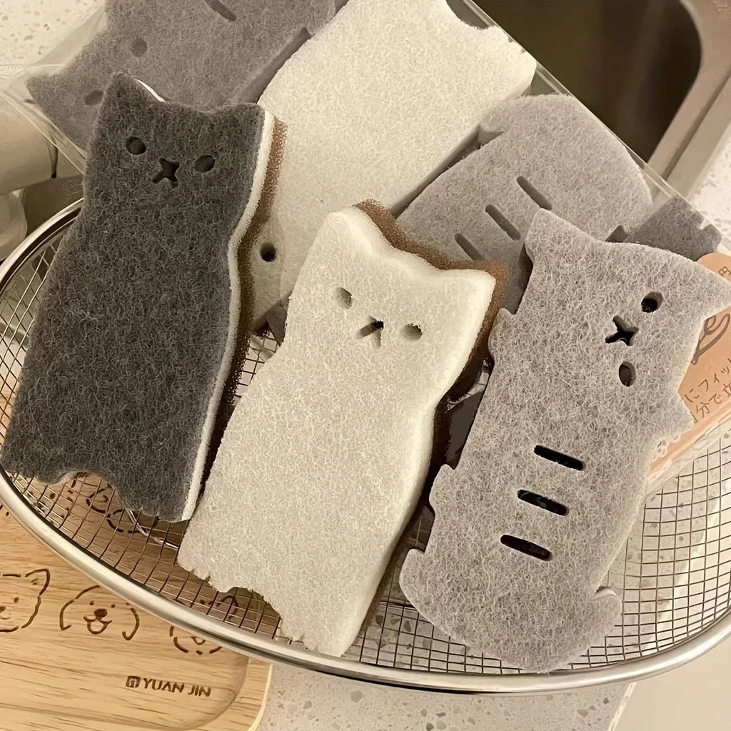 4-piece cute cat shaped kitchen sponge - three-layer design, used for washing dishes and cleaning - essential kitchen tools Oasis Select 4PCS
