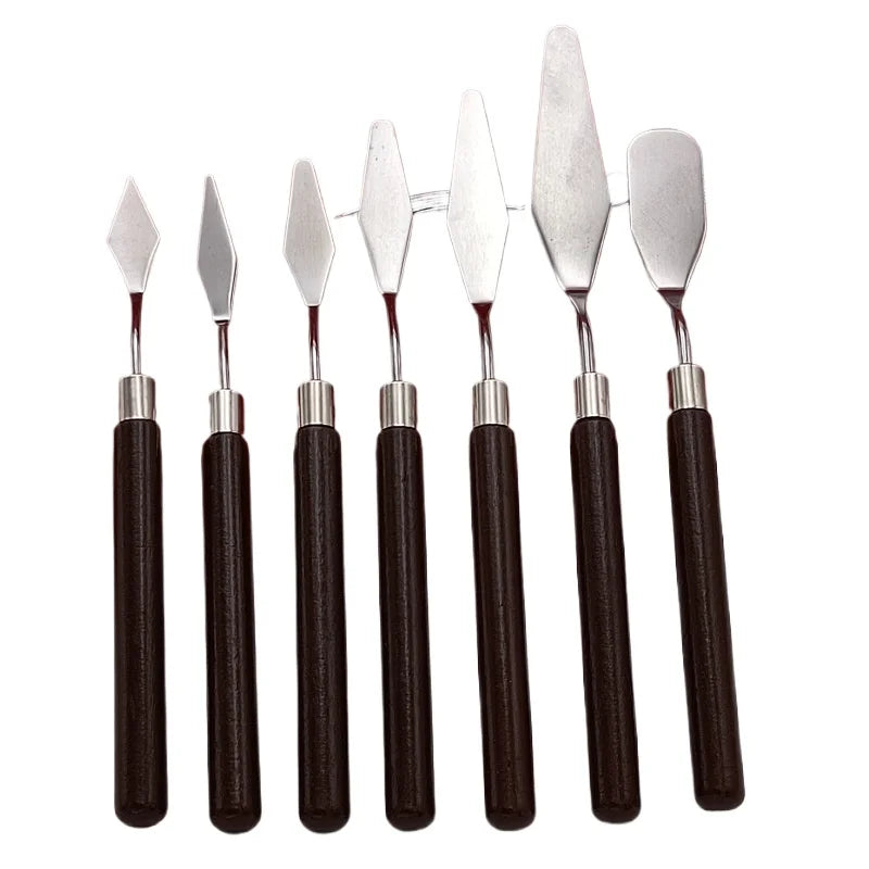 Wooden Grip Stainless Steel Paint Scraper Art Mixing Knife Hand Tool for Watercolor Oil Gouache Pigment Blending Oasis Select 7pcs