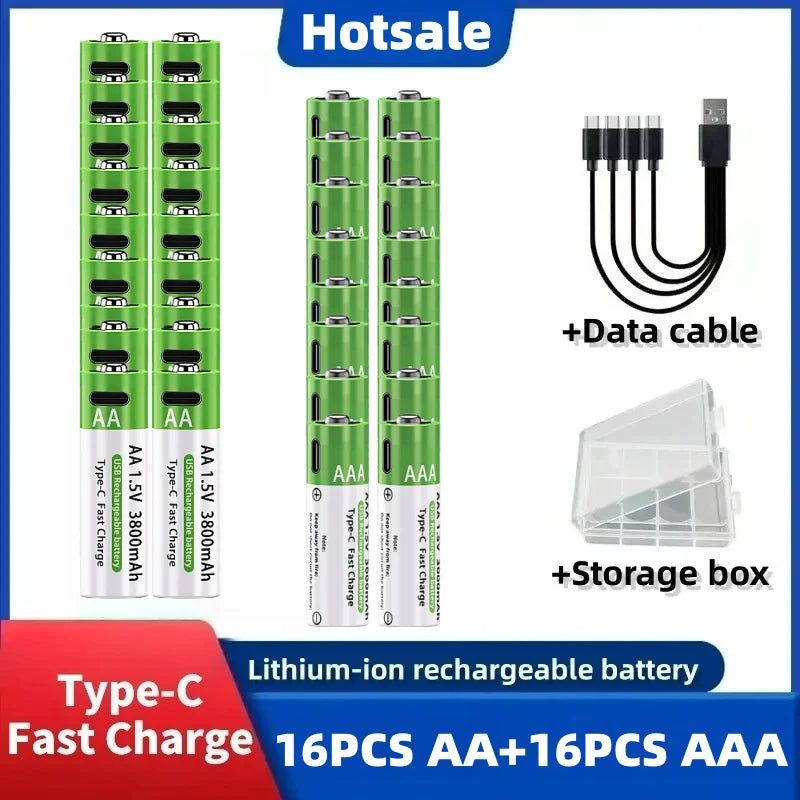 1.5V AA/AAA Rechargeable Batteries, AA/AAA Alkaline Batteries, 3800-3000mAh, for Flashlights, Toys, Clocks, MP3 Players Oasis Select 16AA16AAA