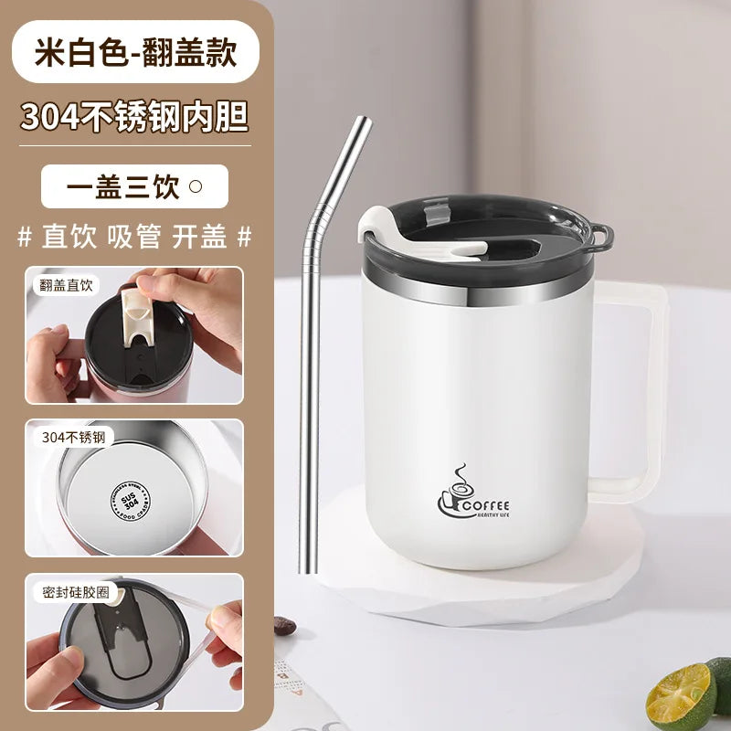 304 Stainless Steel Mug with Lid & Straw, Double-Layered, Suitable for Milk and Coffee, Office Cup with Handle, and Tea Infuser Oasis Select White 430ml
