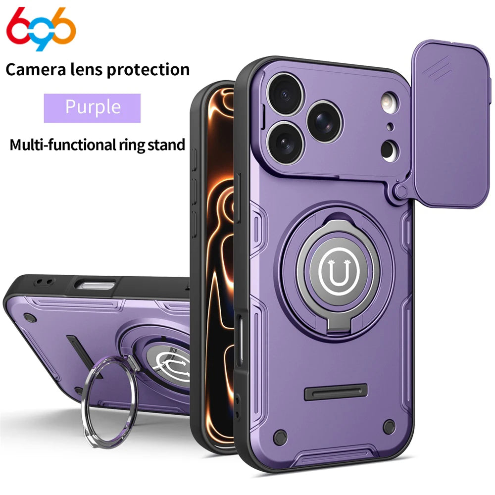 Magnetic Ring Stand Back Cover Shockproof Power Slide Camera Lens Protection For IPhone 17/16/15 Pro Max Cases 17Pro 16Pro 15Pro Oasis Select PU iPhone 15