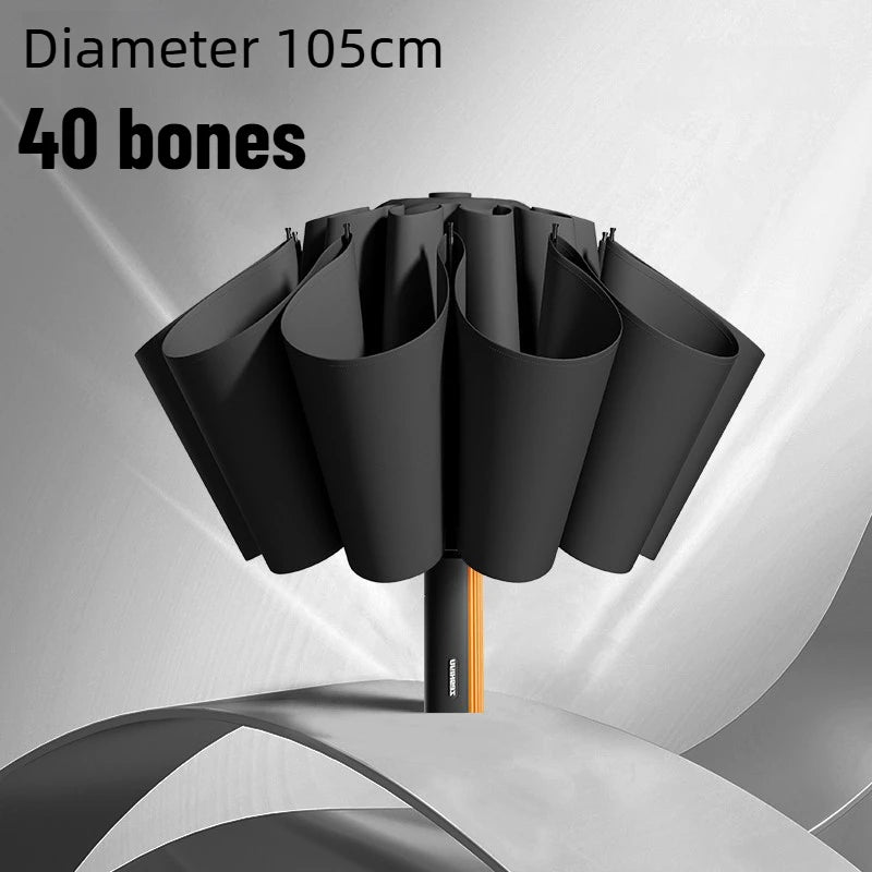 Fully Automatic Business Reverse Umbrella - Reinforced Thickened Unisex Windproof All-Weather Student-Specific Oasis Select 40 bone black Aluminum 24K
