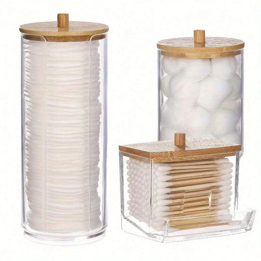 3pcs/set Makeup Coton Storage Box, Bamboo Lid Coton Swab Box, Portable Dust-Proof Transparent Placement Box, Bathroom Vanity Oasis Select