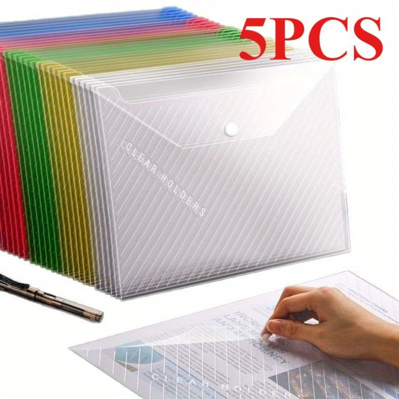 5pcs A4 File Bag Transparent Plastic Thickened Large-capacity Waterproof Snap-on Type Test Paper Storage Bag for Archives Oasis Select Random color 5pcs