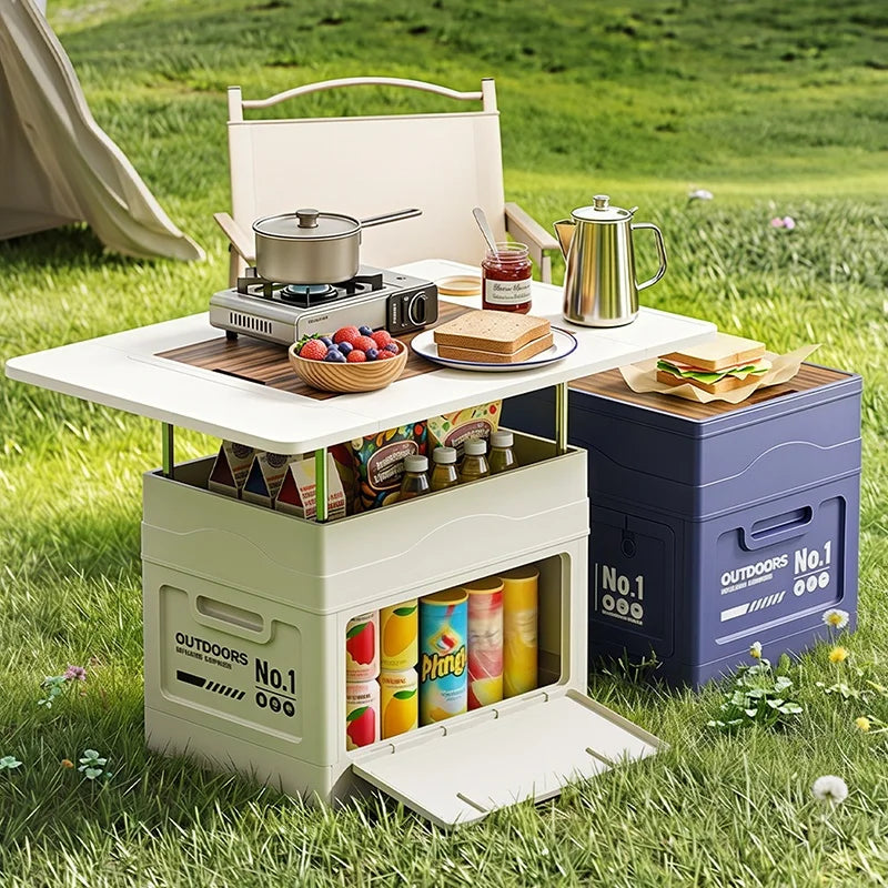 Large-capacity wooden cover foldable storage box for outdoor camping storage box table integrated vehicle camping trunk Oasis Select