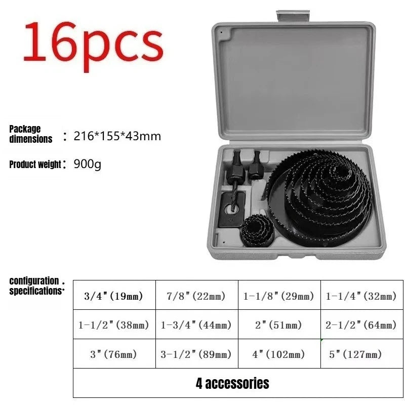 JUSTINLAU 16 Pieces of 19-127mm Woodworking Hole Saw Plastic Box Set Gypsum Board Drilling Tool Cutting Woodworking Drill Bit Oasis Select