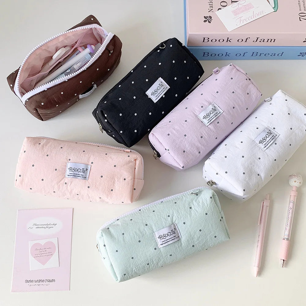 Fashion Korean Polka Dot Solid Color Pencil Case Student Stationery Large Capacity Storage Pen Bag Cute Girl Makeup Bag Gift Oasis Select
