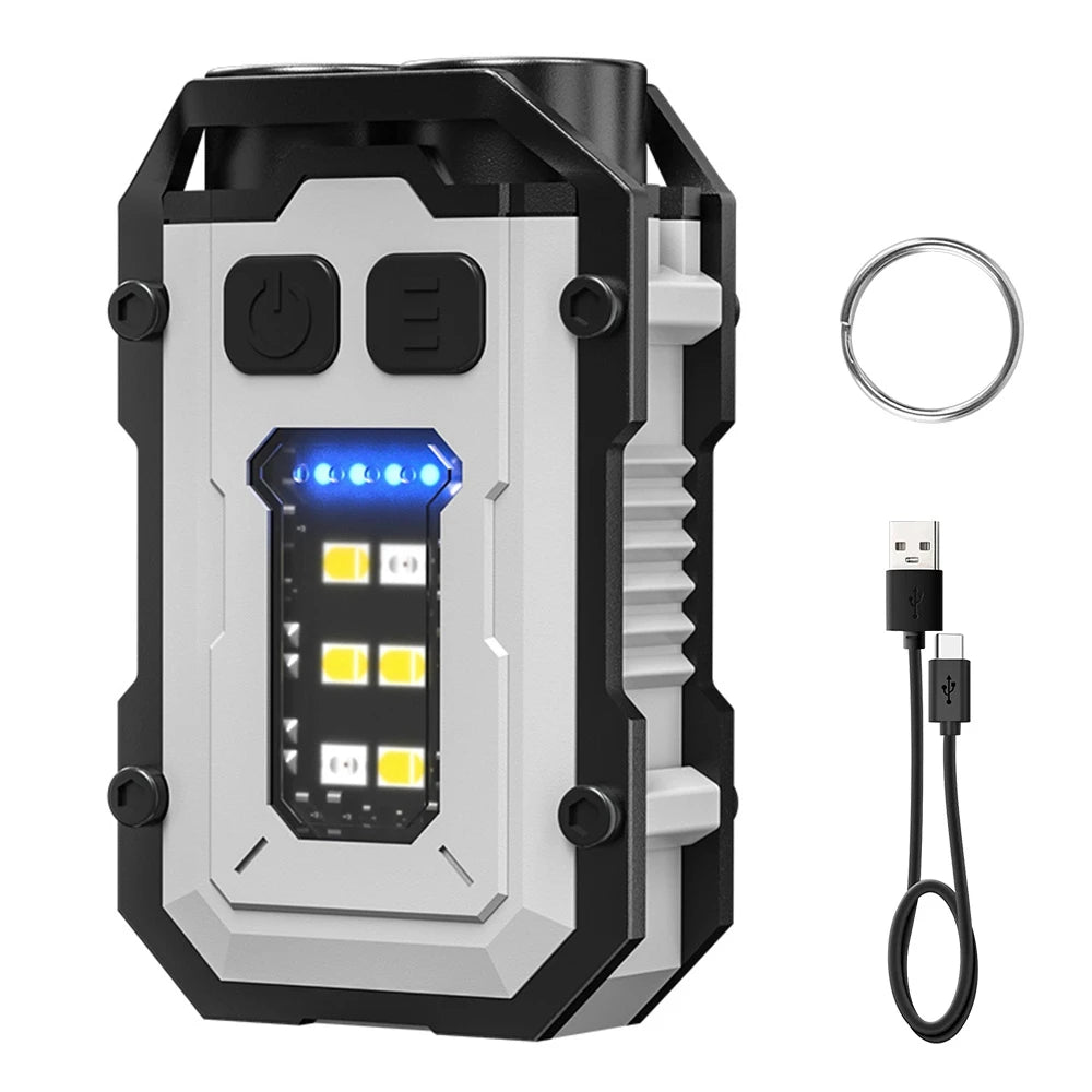 Mini Keychain Flashlight with Magnet Rechargeable Multifunction Torch Lamp Portable Clip on Flashlight Waterproof Camping Light Oasis Select White Alloy