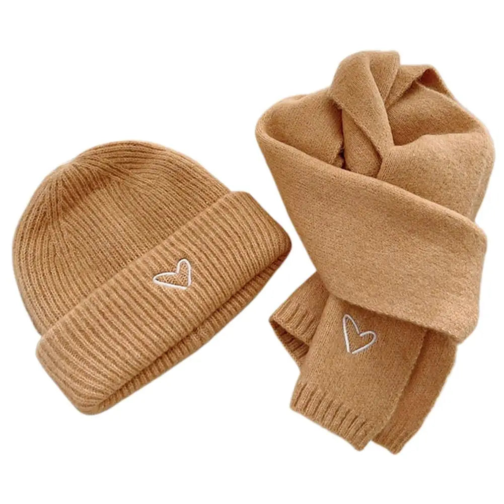 Winter Warm Solid Color Kids Knitted Hat Scarf Love Heart Embroidery Autumn Baby Beanie Outdoor Anti-cold Boys Girls Cap Scarves Oasis Select E