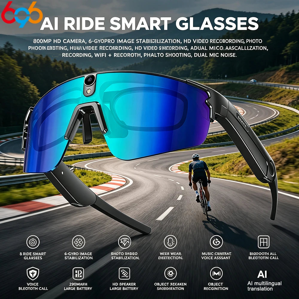 Cycling AI Smart Glasses 4K HD 800W Camera Bluetooth Call Translation Anti-shake Sunglasses Men Women Anit UV Waterproof Music Oasis Select