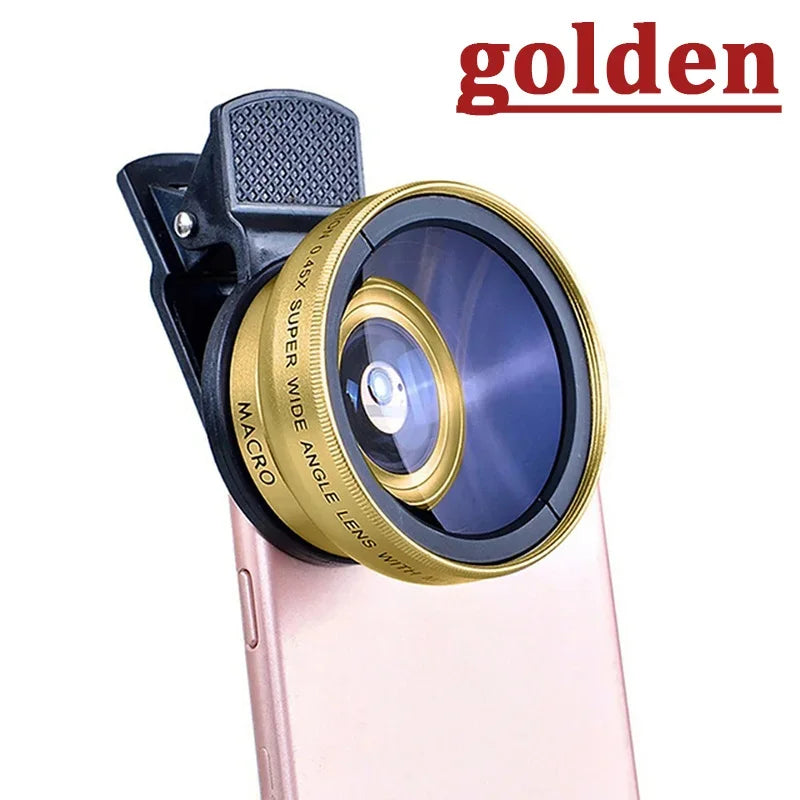 2 IN 1 Lens Universal Clip 37mm Mobile Phone Lens Professional 0.45X 49uv Super Wide-Angle + Macro HD Lens For iPhone Android Oasis Select Golden