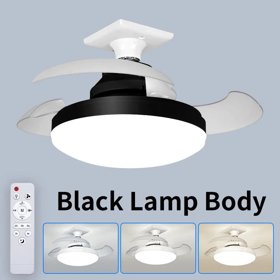 2 in 1 E27 Ceiling Fan Light with Remote Control AC 85-265V Three-Color Three-Wind Speed Dimmable Timer Function for Living Room Oasis Select Black Remote Control