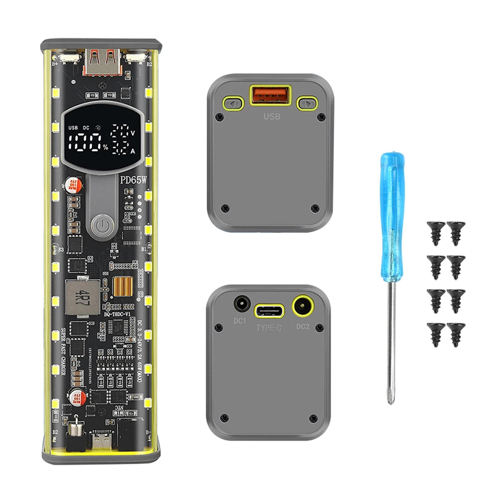 PD 65W DIY Battery Box DC Port Fast Charging Transparent Power Bank Shell Weld-Free 8-Cell 18650 Battery Case Oasis Select Yellow