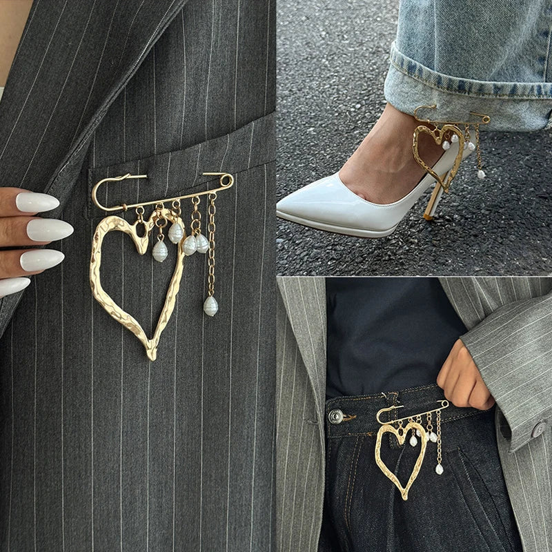 SUSU 1PC Creative Beaded Heart Shaped Tassel Metal Brooches Adjusting The Pant Legs Belt Safety Pin Versatile Clothing Decor Oasis Select