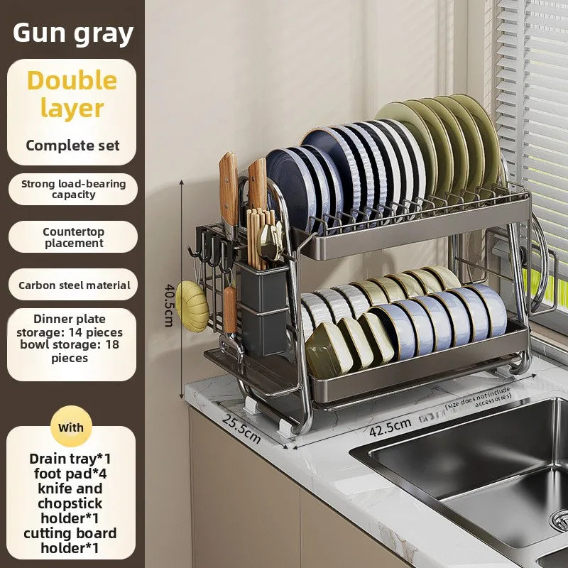 Kitchen Bowl Rack Drain Rack Stainless Steel Tableware Plate Storage Shelf Milk White Household Multifunctional Countertop Oasis Select Grey double TZ