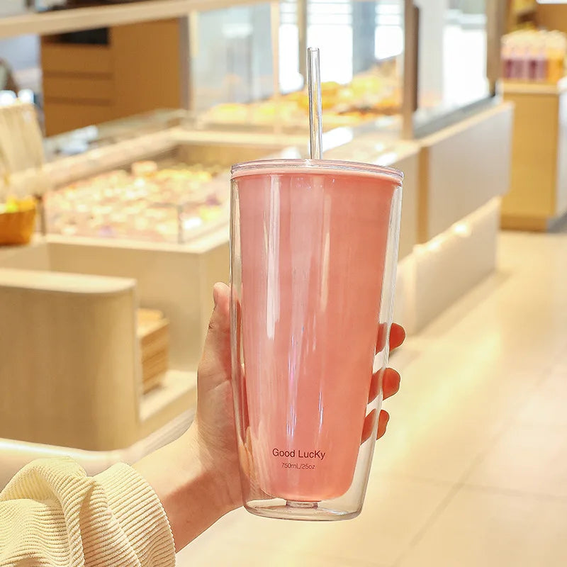 750ml Plastic Straw Cups Double-Layer with Straw Large Capacity Reusable Water Bottle for Drinking Coffee Mug Juice Milk Cup Oasis Select Rosered 750ml