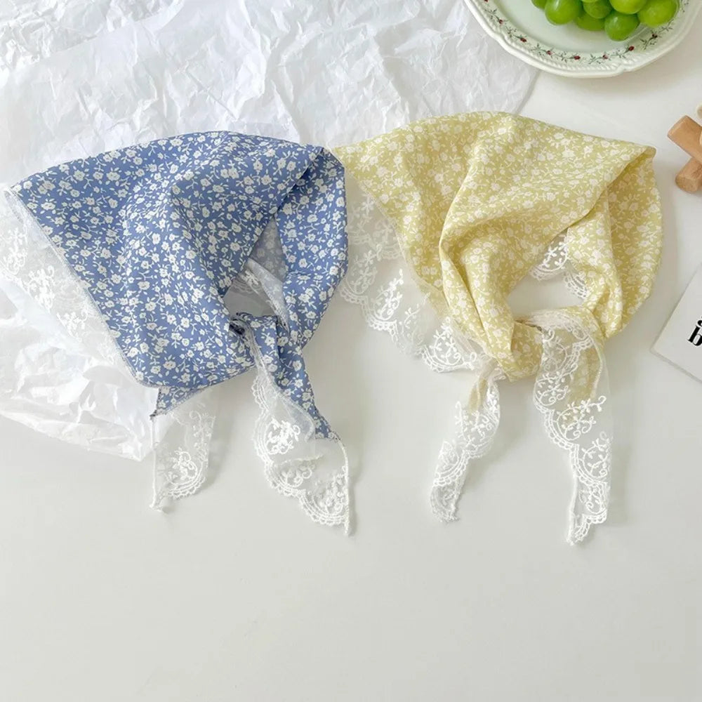 New French Style Triangle Scarf Small Flowers Fabric Turban Bandana Hair Accessories Lace Hair Bands for Spring Summer Oasis Select