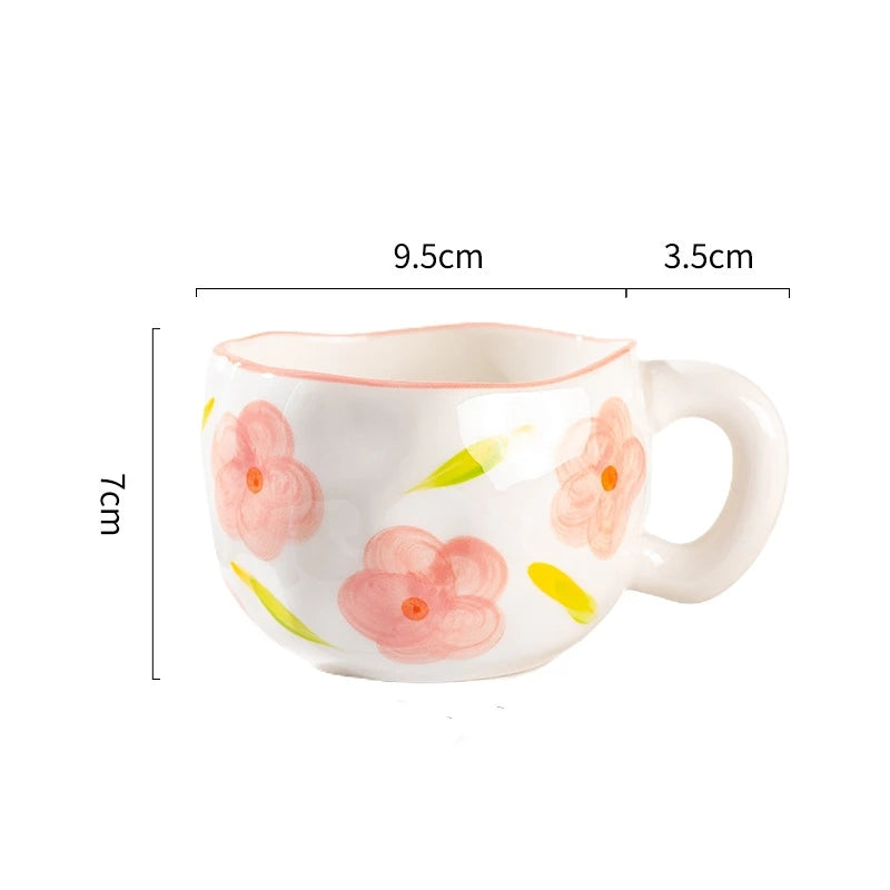 300ML Ceramic Mug Flower Heart Pattern Cute Hand Pinched Irregular Creative Style Coffee Cup Breakfast Milk Afternoon Tea Cups Oasis Select WhitePink-Flower 300ml