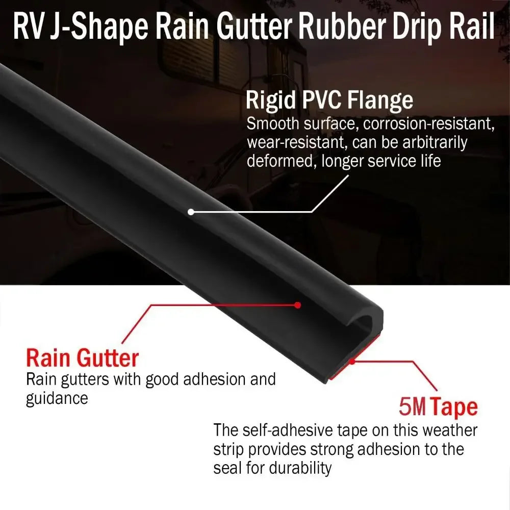 1/5/6M RV Rain Gutter Silicone Rubber Self-Adhesive Backing Weather Stripping UV Resistant J-Shape Design Drip Rail Home Oasis Select