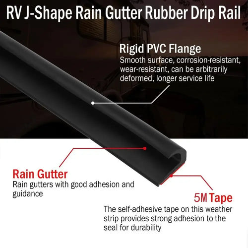 1/5/6M RV Rain Gutter Silicone Rubber Self-Adhesive Backing Weather Stripping UV Resistant J-Shape Design Drip Rail Home Oasis Select