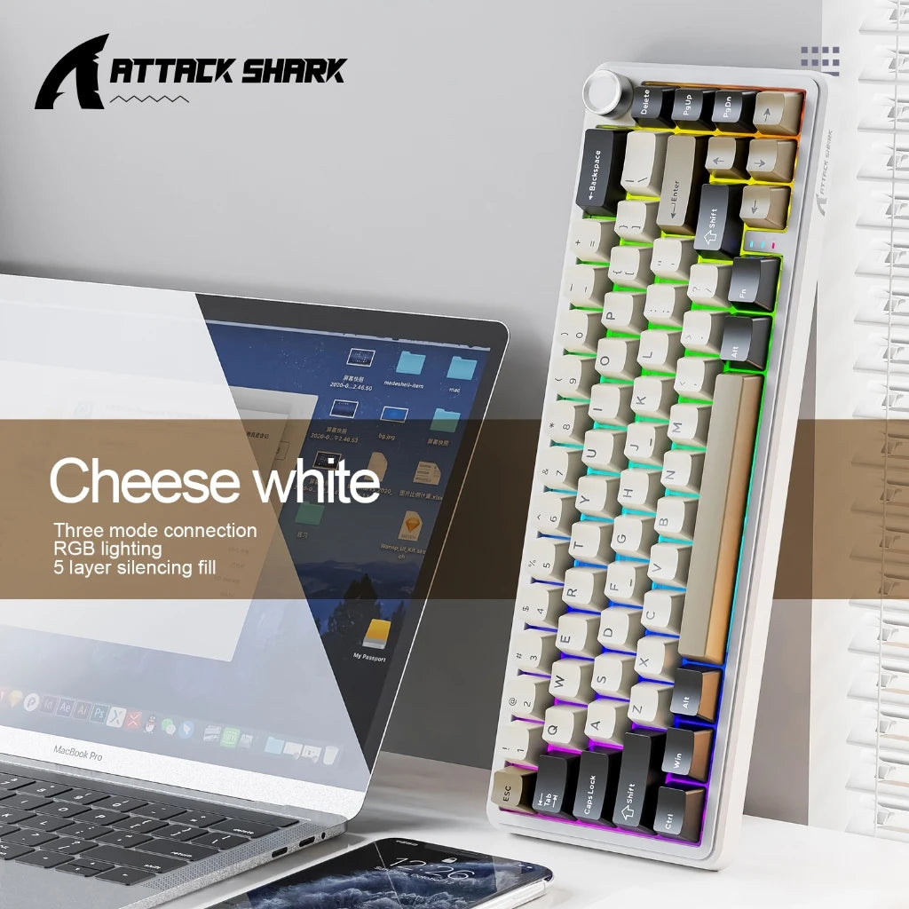 ATTACK SHARK X66 Mechanical Wireless Keyboard | 66-Key Gasket Tri-Mode, Hot-Swap RGB, 3000mAh & CNC Knob for PC/Mac Oasis Select X66-Cheese white