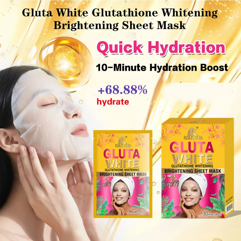 ROUSHUN Gluta White Facial Sheet Mask – Moisturizing, 10 Pcs