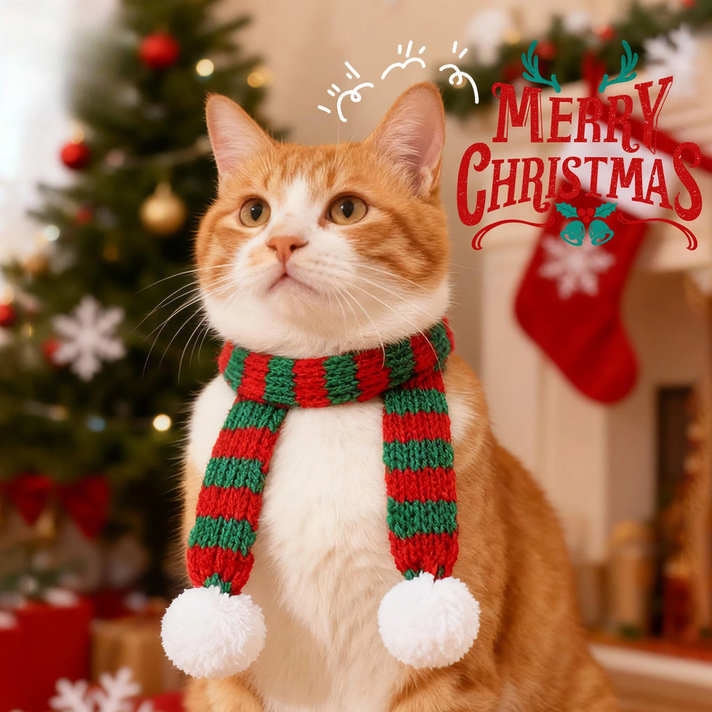 Christmas Knit Cat Scarf with Pom-pom Trim Pet Fashion Accessory Adjustable Kitten Neck Warmer Holiday Photo Prop Wholesale Oasis Select