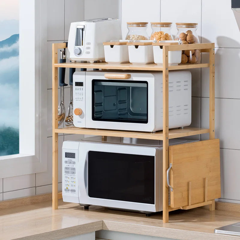 Kitchen Shelf Countertop Double Microwave Shelf Desktop Seasoning Oven Storage Rack Bamboo Solid Wood Oasis Select
