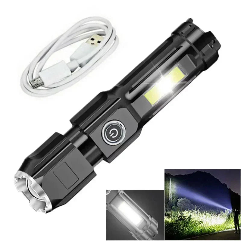 High Power Led Flashlight Super Bright Rechargeable Zoom Torch with COB Side Lights Outdoor Camping Night Fishing Lantern Oasis Select Package A 1pc