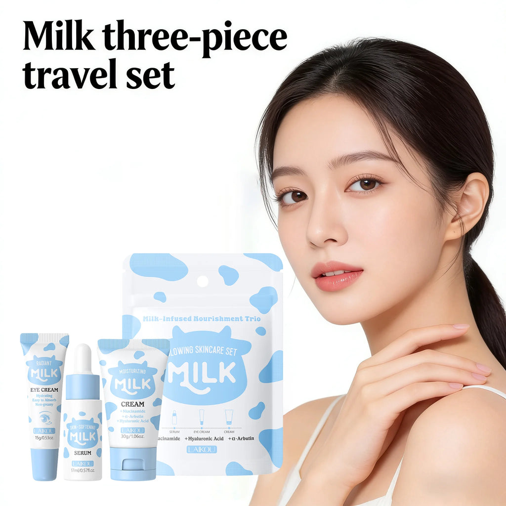 LAIKOU Milk 3pcs Travel Skin Care Set Niacinamide Hyaluronic Acid Serum Eye Cream Moisturizer Hydrating Brightening Glow Skin Oasis Select