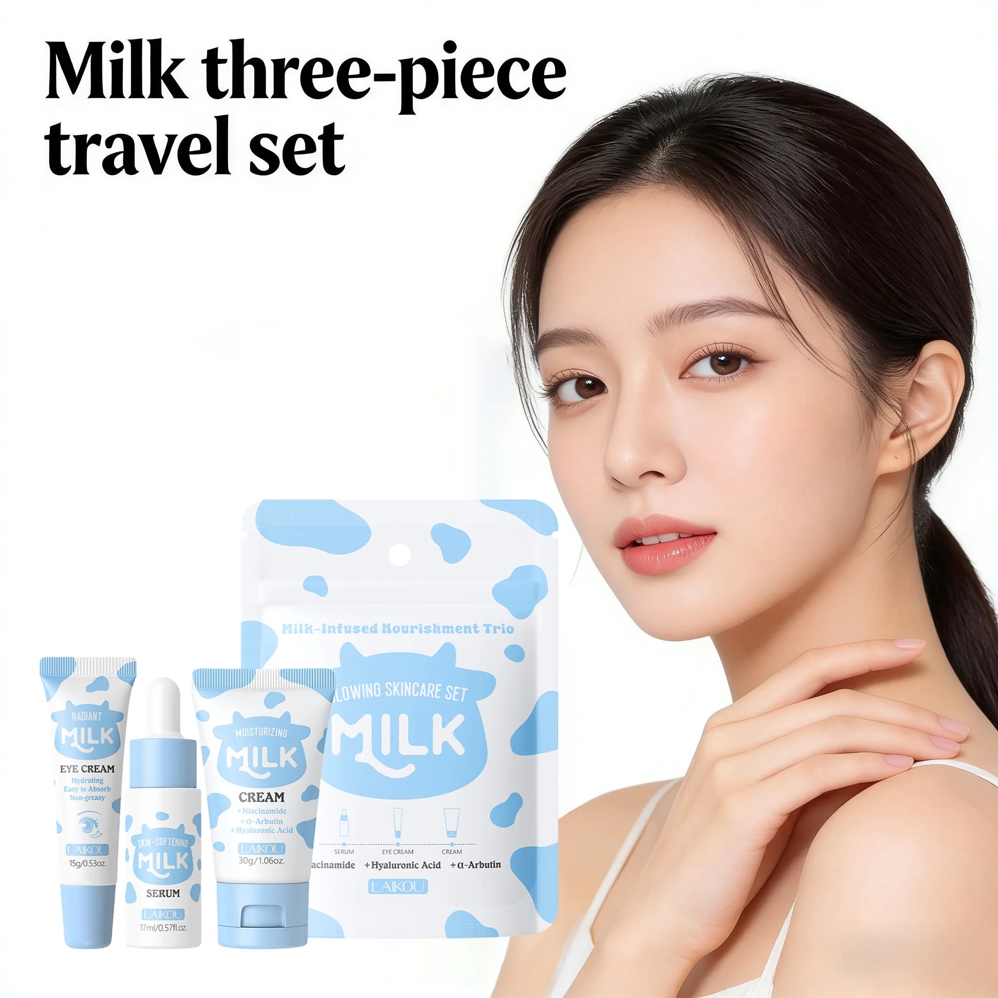 LAIKOU Milk 3pcs Travel Skin Care Set Niacinamide Hyaluronic Acid Serum Eye Cream Moisturizer Hydrating Brightening Glow Skin Oasis Select