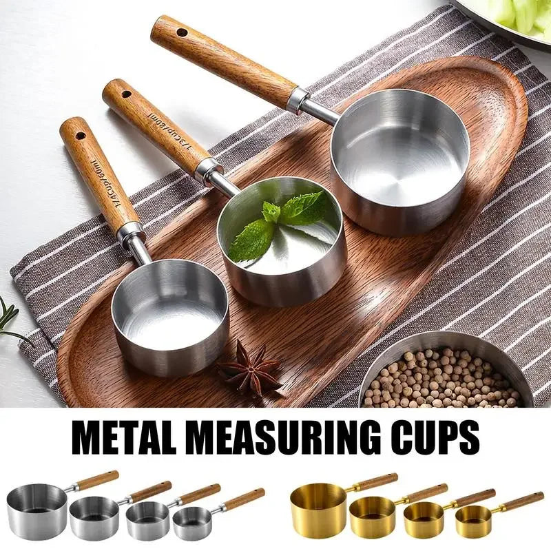 4PCS Measuring Spoon Set Stainless Steel Wooden Handle Measuring Cups Spoons Baking Tools Coffee Bartending Kitchen Accessories Oasis Select