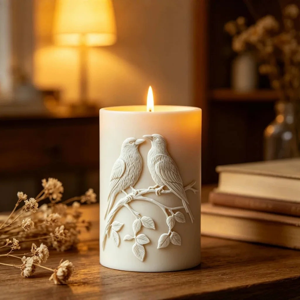 3D Birds on Branch Silicone Candle Mold – Cylindrical, Easy Demold