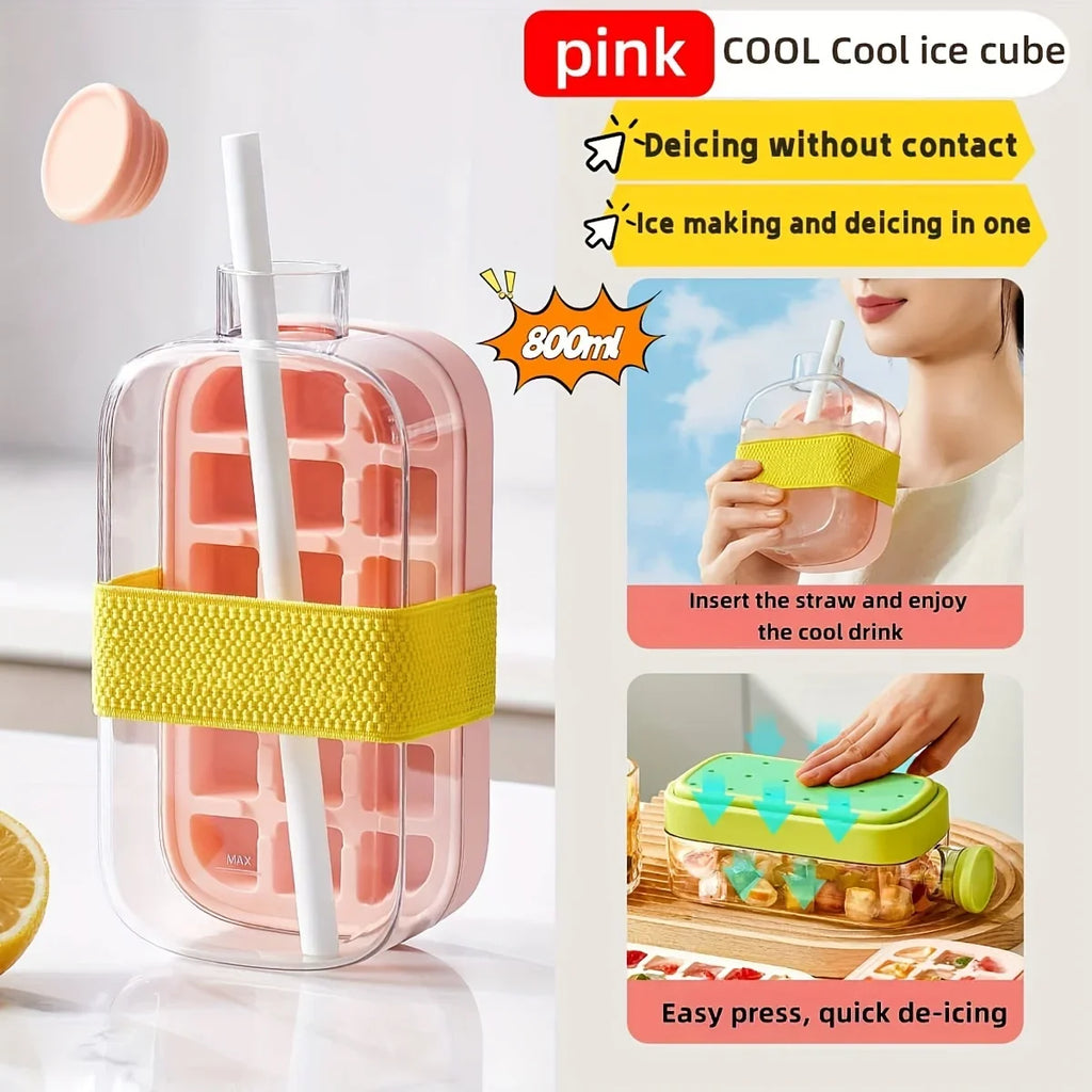 12-Grid 500/800ml Silicone Food-Grade Ice Cube Tray Large Capacity Water Bottle Combo with Lid Flexible Transparent Plastic Mold Oasis Select Pink 800ML 1 PCS