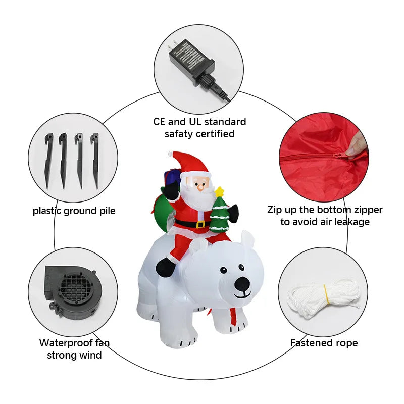 Christmas Inflatable Santa Claus Riding A Polar Bear LED Light Inflatable Model Courtyard Christmas Tree Gift Decoration Oasis Select
