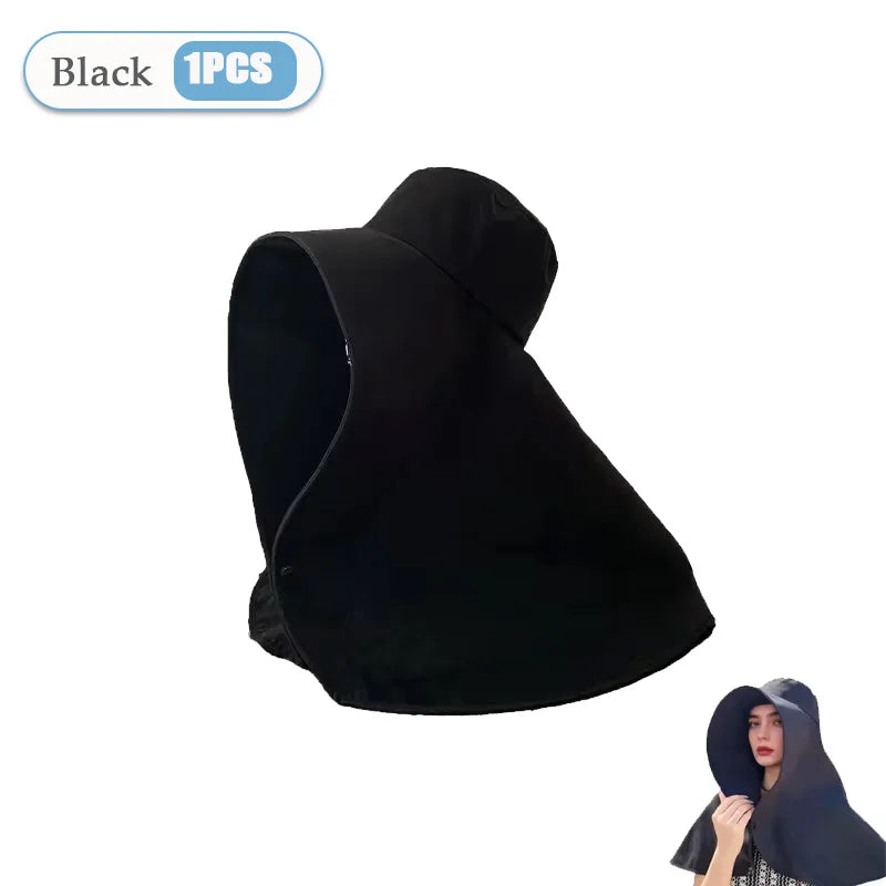 Women‘s Summer Sun Protection Hat with Face Cover Neck Flap Shoulder Cape Wide Brim UV Blocking for Outdoor Hiking Cycling Oasis Select Black-1PC One Size