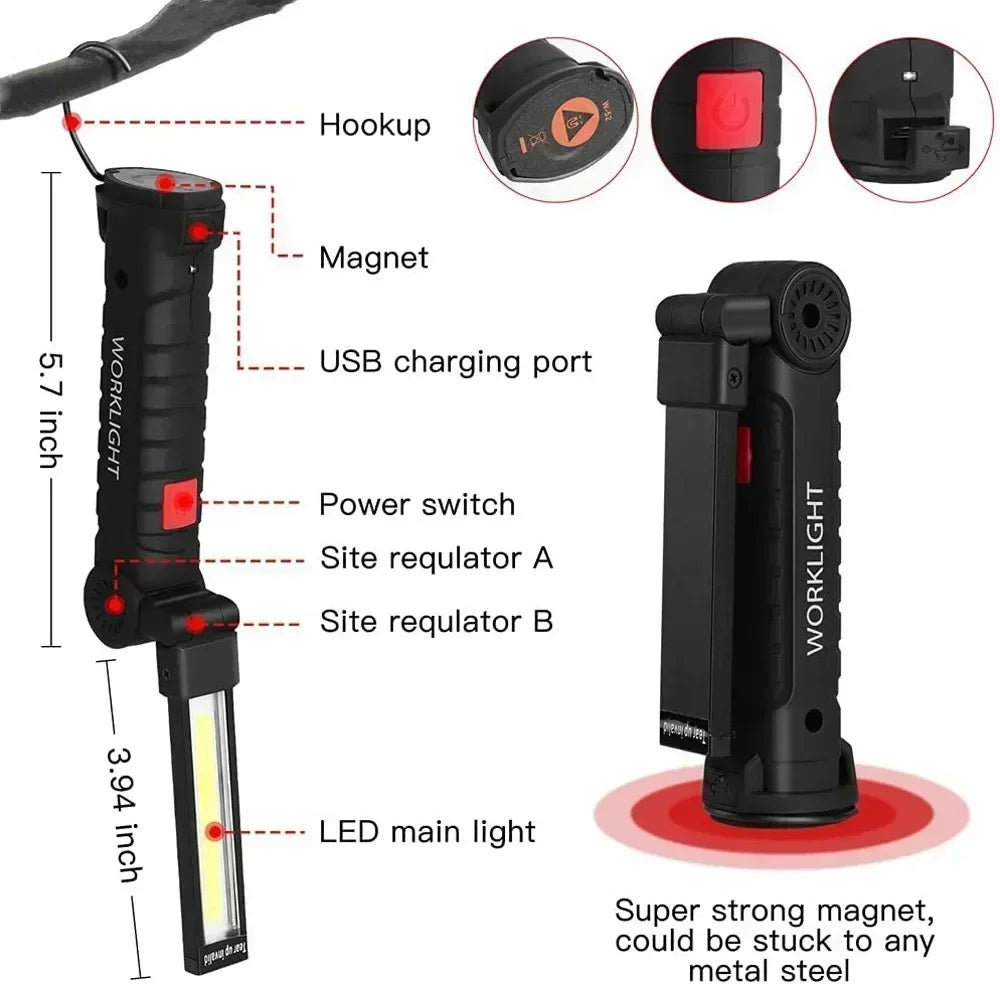 ESMARTER COB LED Work Light USB Rechargeable Magnetic Hook