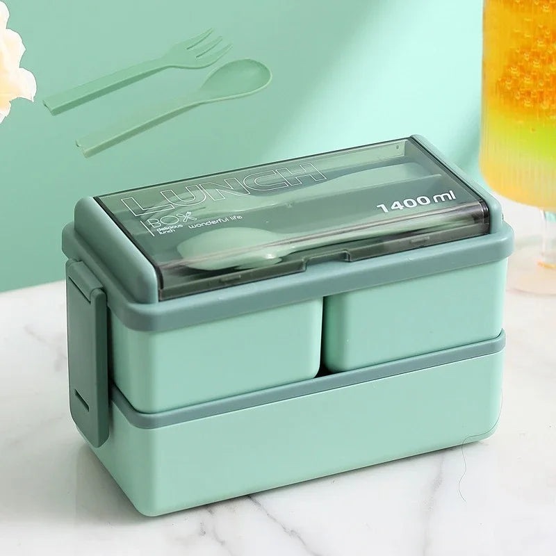 Single/double Layer Lunch Box Portable Leakproof Student Microwave Dinnerware Set with Fork Spoon Food Snack Storage Container Oasis Select Double-Green