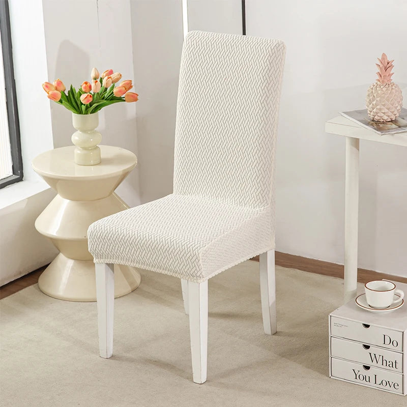 Long Checkered Jacquard Chair Cushion Cover, Elastic Dining Chair Slipcover, Solid Stretchable Seat Cover for Home Oasis Select white