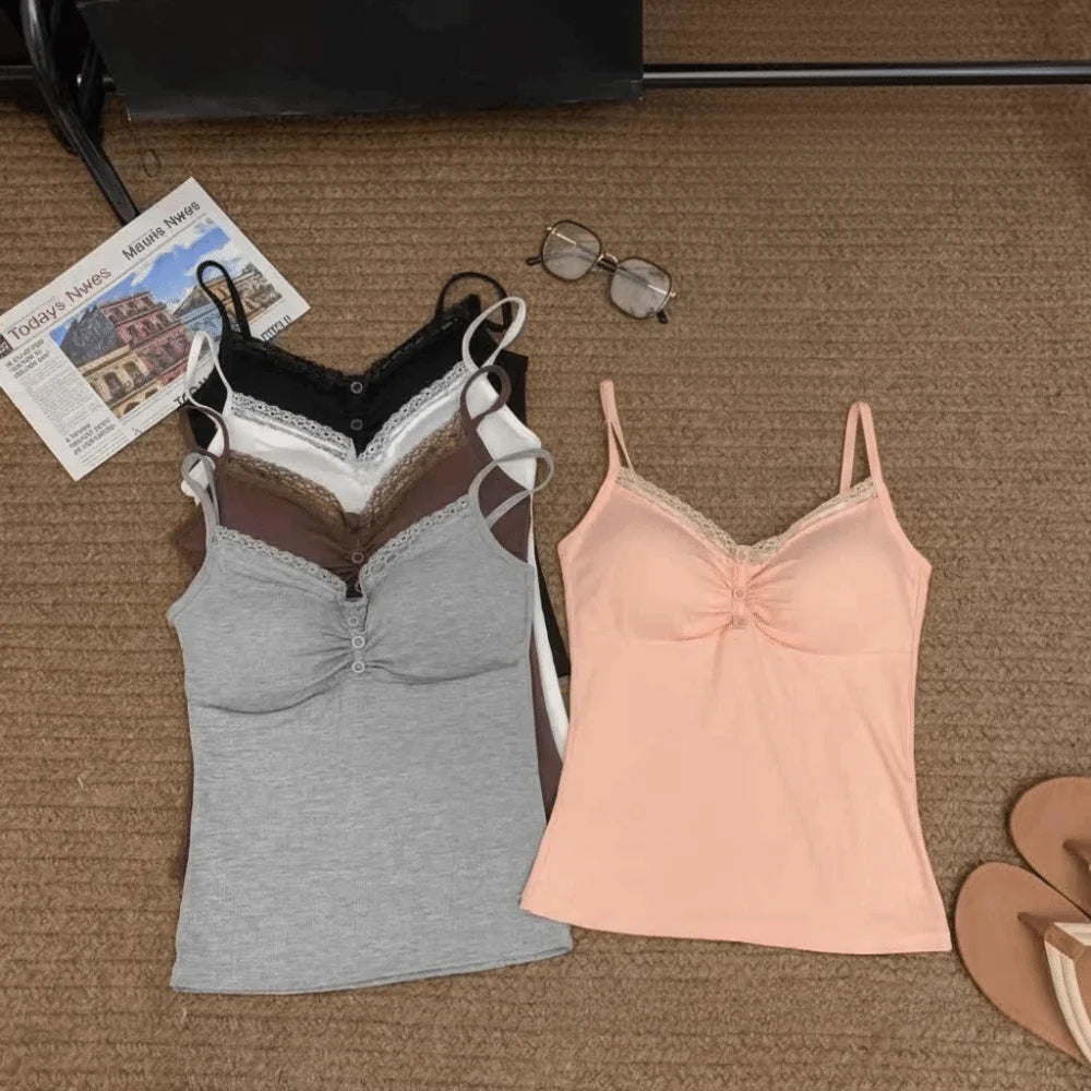 Casual Slim Fit Lace Trim Vest Short with Chest Pad V Neck Top Button Front Sleeveless Top Women Oasis Select