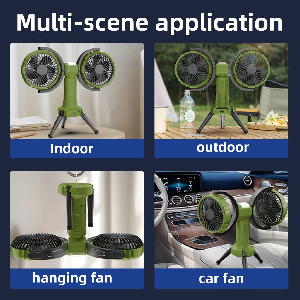 10000mAh Dual Head Fan – 4 Speeds, USB, Portable Outdoor Fan