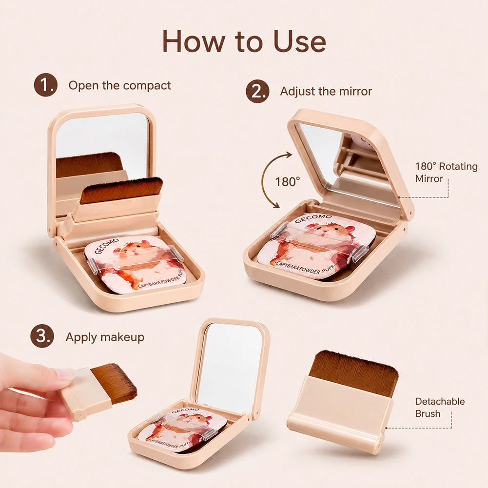 Foldable Compact Makeup Mirror Case Cute Hamster Pattern Soft Foundation Brush & Skin-friendly Powder Puff Pocket Beauty Kit Oasis Select
